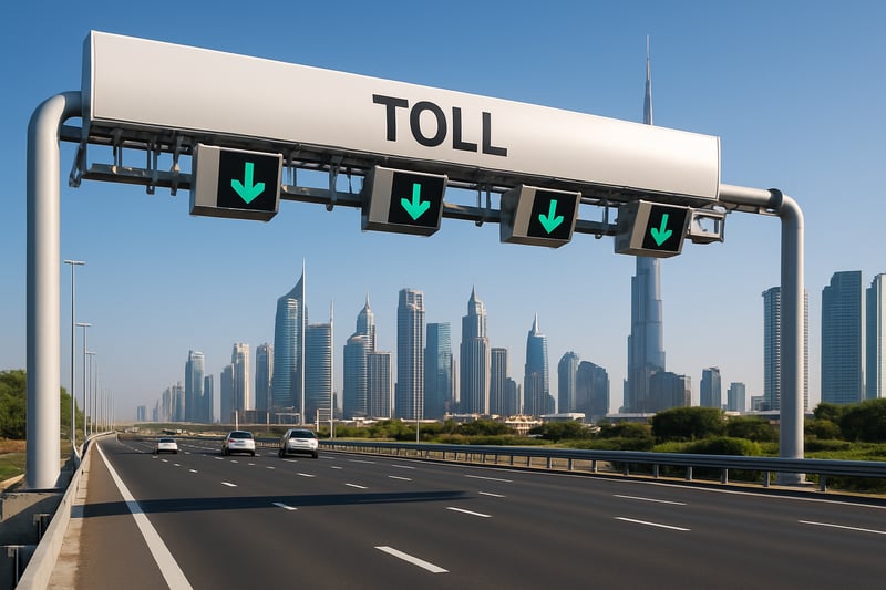 A modern toll road in Dubai, featuring advanced electronic toll collection systems and city skyline. A modern toll road in Dubai, featuring advanced electronic toll collection systems and city skyline.