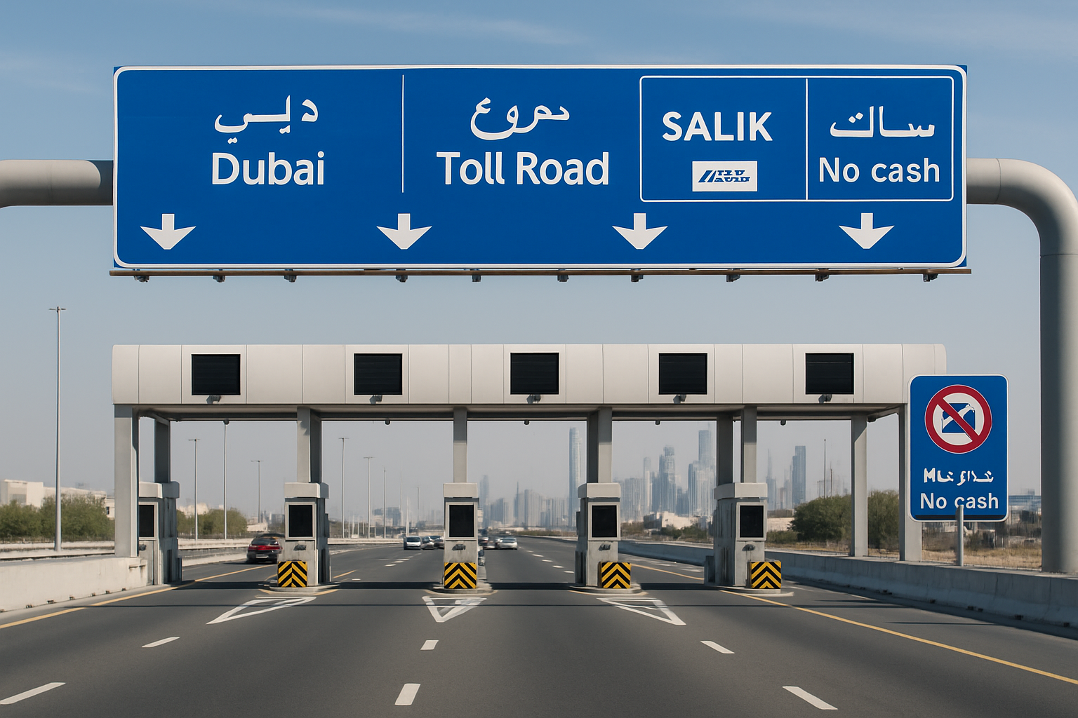Dubai toll road with clear signage and automated toll booths